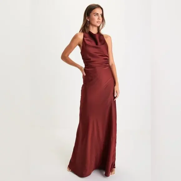 Lulus Effortlessly Sensational Wine Red Satin Backless Maxi Dress XL